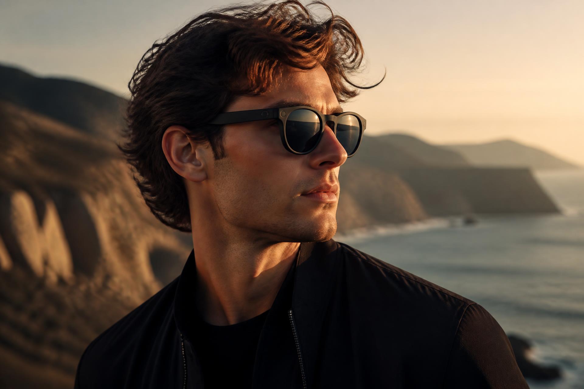Person wearing POV Frames camera glasses on a coastal cliff at golden hour